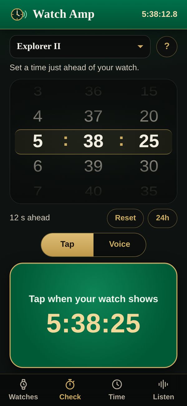 Watch Amp screen: Check accuracy by tap or voice (sample data)