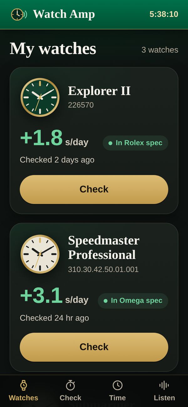 Watch Amp home screen with three sample watches and their accuracy